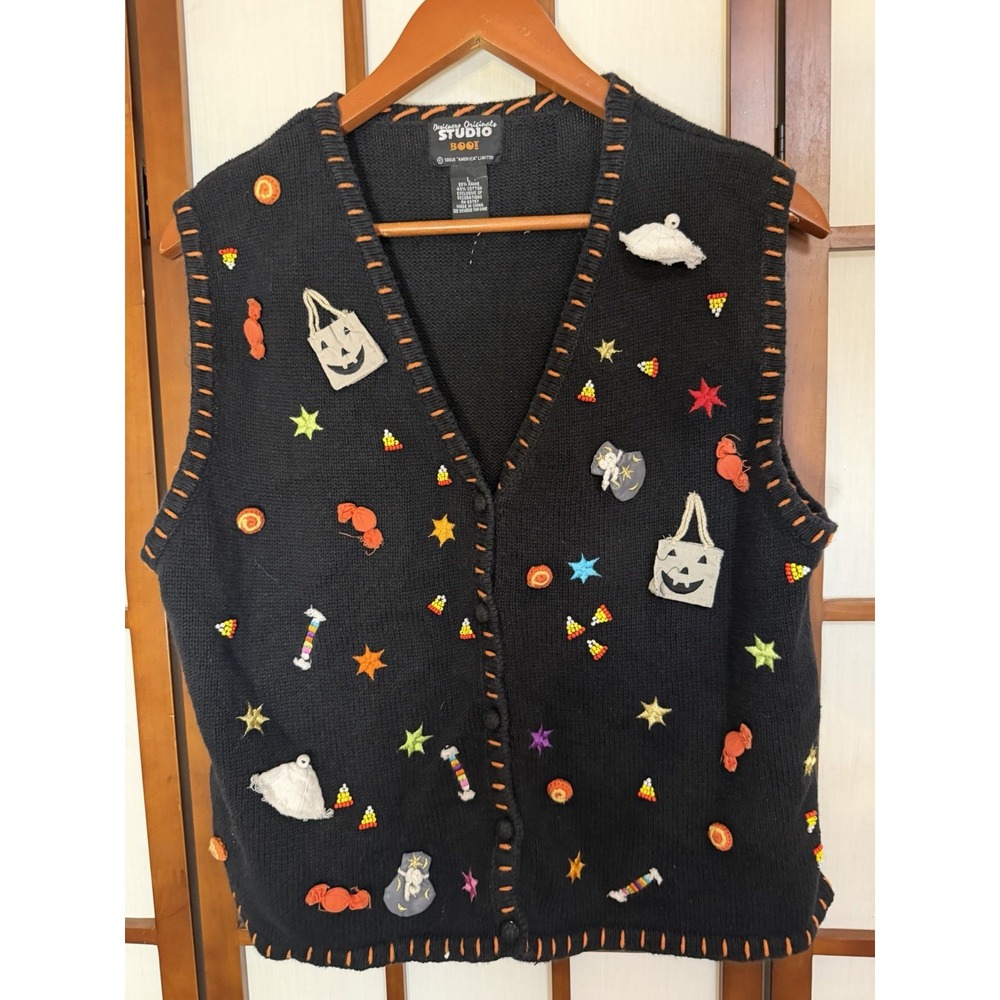 Designers Originals Studio BOO Halloween Sweater Vest L Ghosts Pumpkins Mask VTG